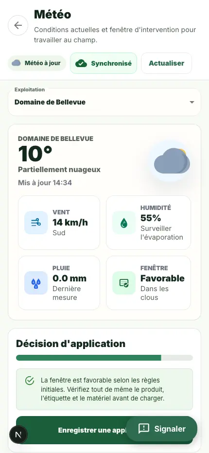 Écran météo du Mode Terrain