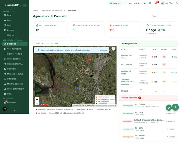 Dashboard de agricultura de precisión con accesos a monitoreo, visor y herramientas agronómicas.