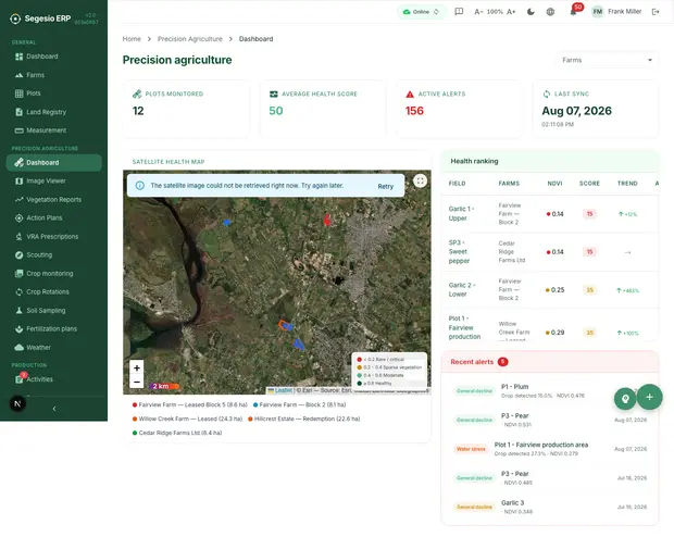 Precision agriculture dashboard with monitoring, viewer and agronomic tool entries.