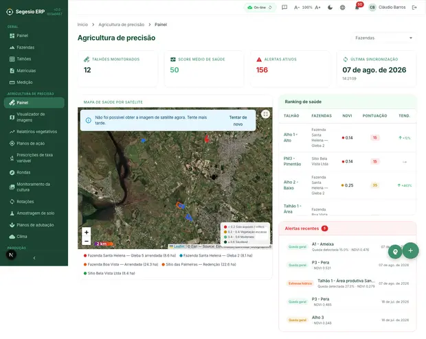 Painel de agricultura de precisão com acessos a monitoramento, visualizador e ferramentas agronômicas.