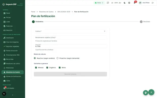 Pantalla de plan de fertilización generado desde un muestreo.
