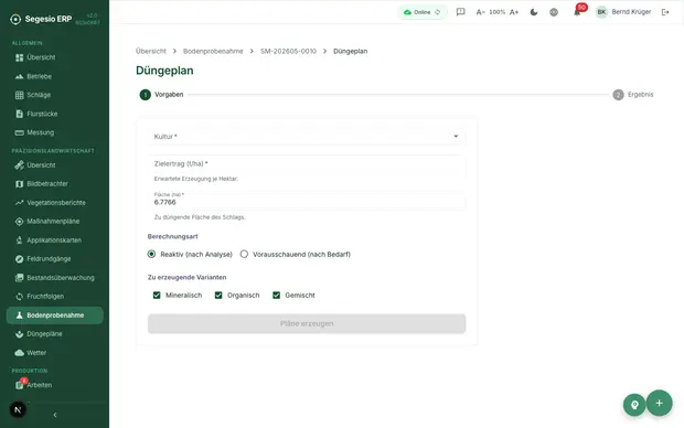 Bildschirm eines aus einer Bodenprobe erzeugten Düngeplans.
