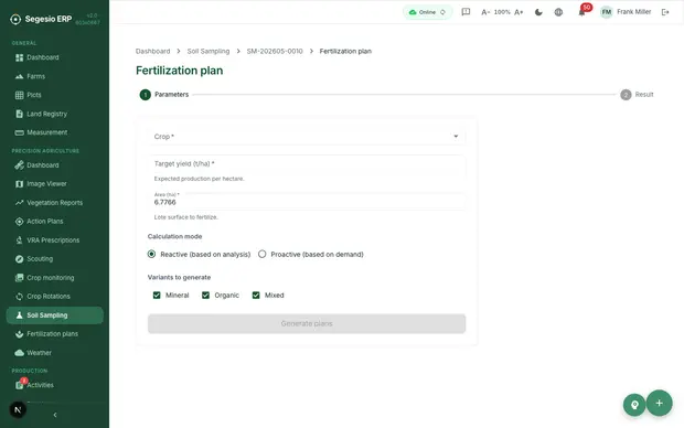 Fertilization plan generated from a soil sampling record.