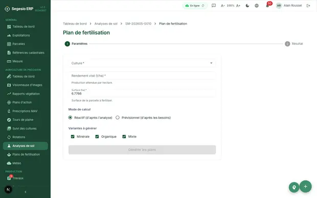 Écran d'un plan de fertilisation généré à partir d'une analyse.