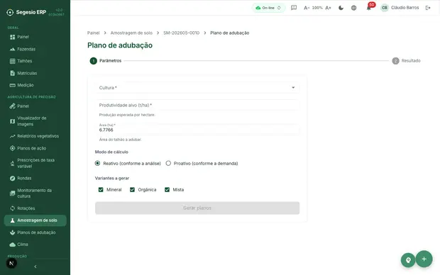 Tela de plano de adubação gerado a partir de uma amostragem.
