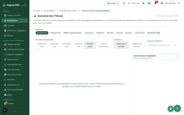 Écran NDVI par parcelle dans Segesio ERP