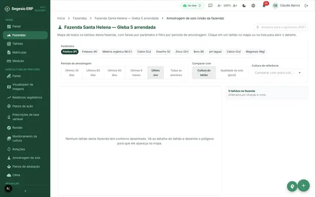 Tela de NDVI por talhão no Segesio ERP