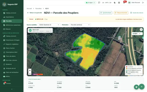 Image éditoriale de cet article Segesio Carte NDVI d’une parcelle dans Segesio ERP pour évaluer la variabilité de la culture