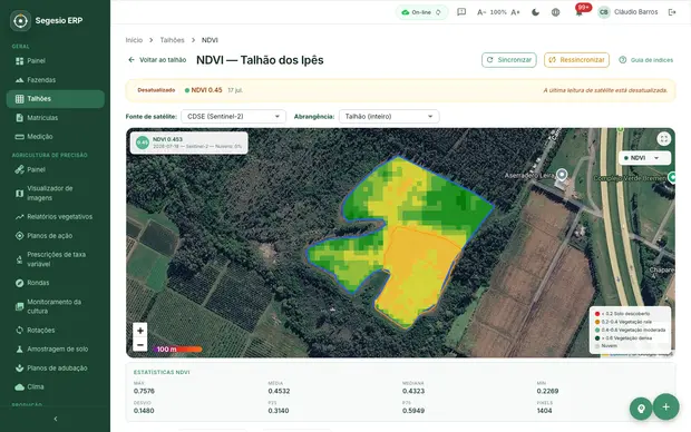 Imagem editorial deste artigo da Segesio Mapa de NDVI de um talhão dentro do Segesio ERP para avaliar a variabilidade da lavoura