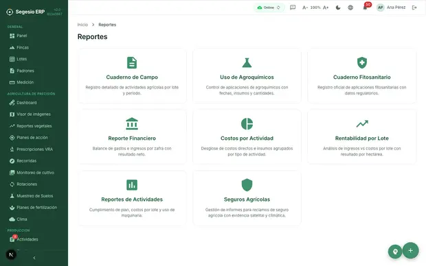 Vista del módulo Reportes y analítica en Segesio ERP Índice de reportes con accesos a actividades, costos, cuaderno de campo y reportes financieros.