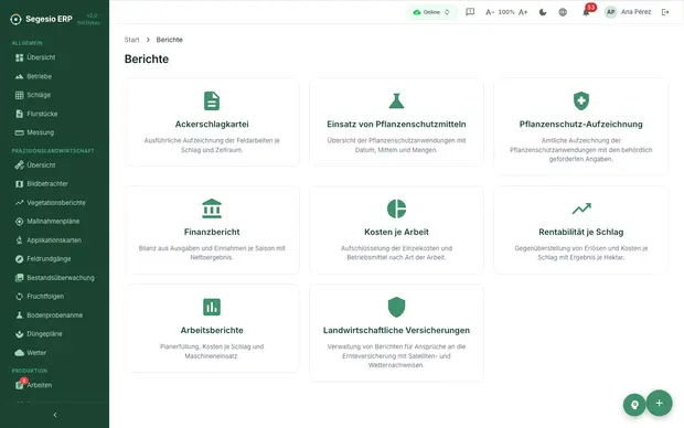 Vorschau des Moduls Berichte und Auswertung in Segesio ERP Berichtsübersicht mit Zugängen zu Arbeiten, Kosten, Ackerschlagkartei und Finanzberichten.