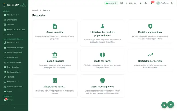 Aperçu du module Rapports et analyses dans Segesio ERP Index des rapports avec les accès aux travaux, aux coûts, au carnet de plaine et aux rapports financiers.