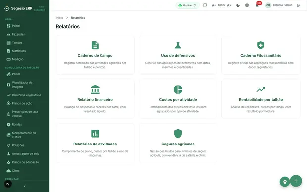 Prévia do módulo Relatórios e análises no Segesio ERP Índice de relatórios com acessos a atividades, custos, caderno de campo e relatórios financeiros.