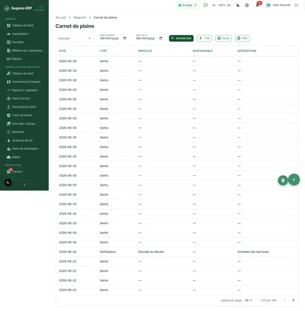 Image éditoriale de cet article Segesio Rapport de carnet de plaine dans Segesio ERP avec activités et produits appliqués