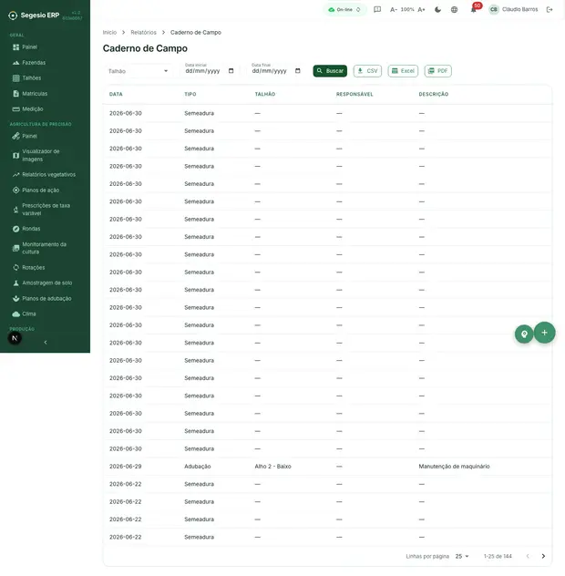 Imagem editorial deste artigo da Segesio Relatório de caderno de campo no Segesio ERP com atividades e produtos aplicados