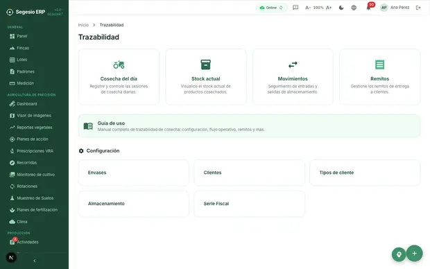 Vista del módulo Trazabilidad en Segesio ERP Panel de trazabilidad con accesos a cosecha, movimientos, remitos y stock.