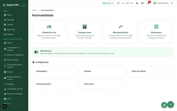 Prévia do módulo Rastreabilidade no Segesio ERP Painel de rastreabilidade com acessos a colheita, movimentações, romaneios e estoque.