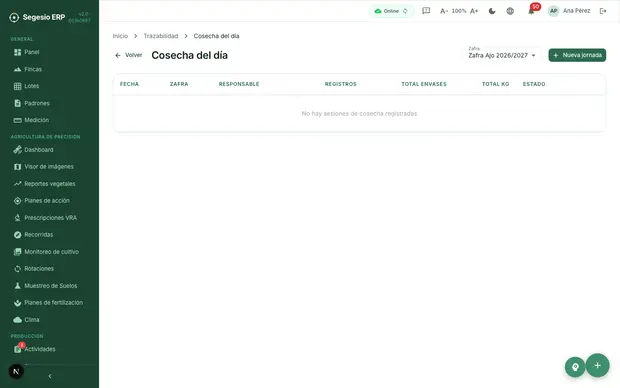 Pantalla de cosecha dentro del módulo de trazabilidad.
