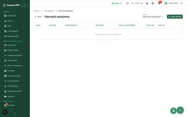 Harvest screen inside the traceability module.
