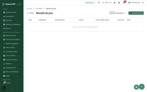 Écran de récolte dans le module de traçabilité.