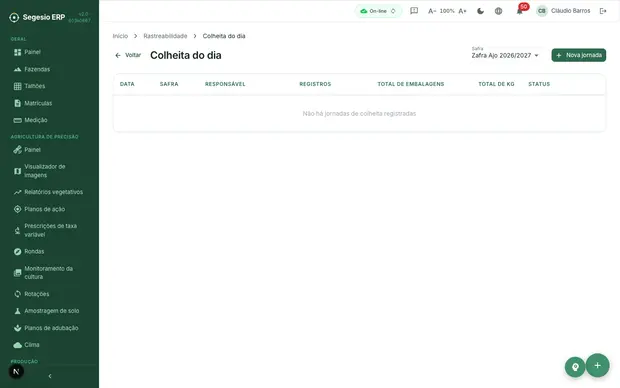 Tela de colheita dentro do módulo de rastreabilidade.