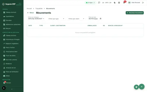 Liste des mouvements de traçabilité.