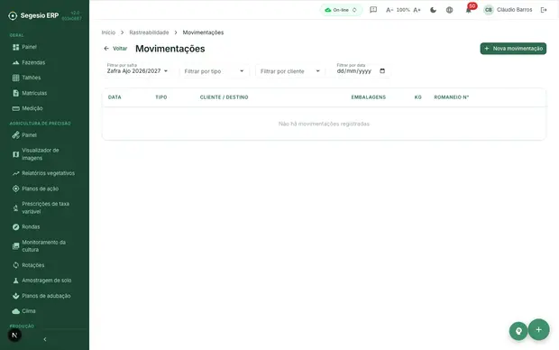 Lista de movimentações de rastreabilidade.