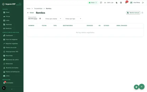 Pantalla de remitos del módulo de trazabilidad.