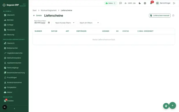 Lieferscheinbildschirm des Moduls Rückverfolgbarkeit.