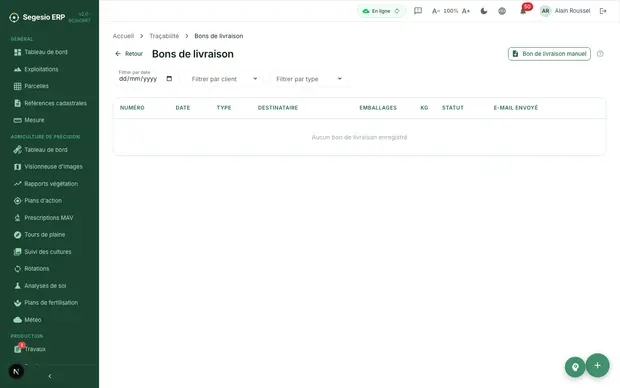 Écran des bons de livraison du module de traçabilité.