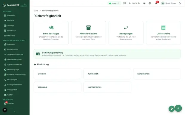 Produkt-Screenshot: Bestand und Rückverfolgbarkeit